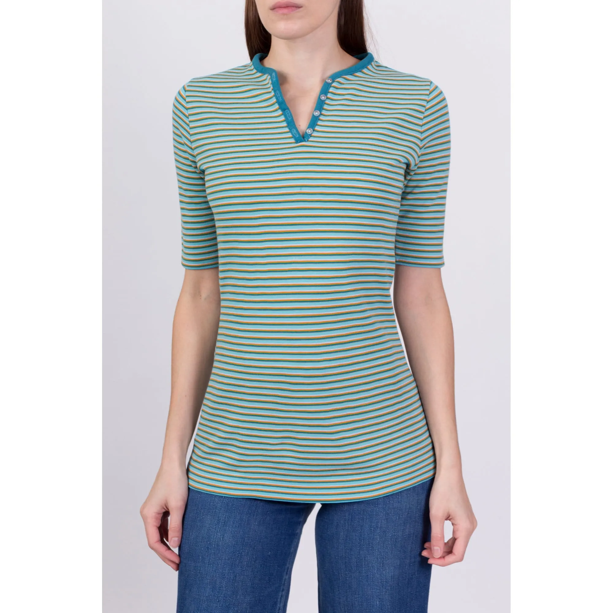 70s Retro Striped Henley Shirt - Small