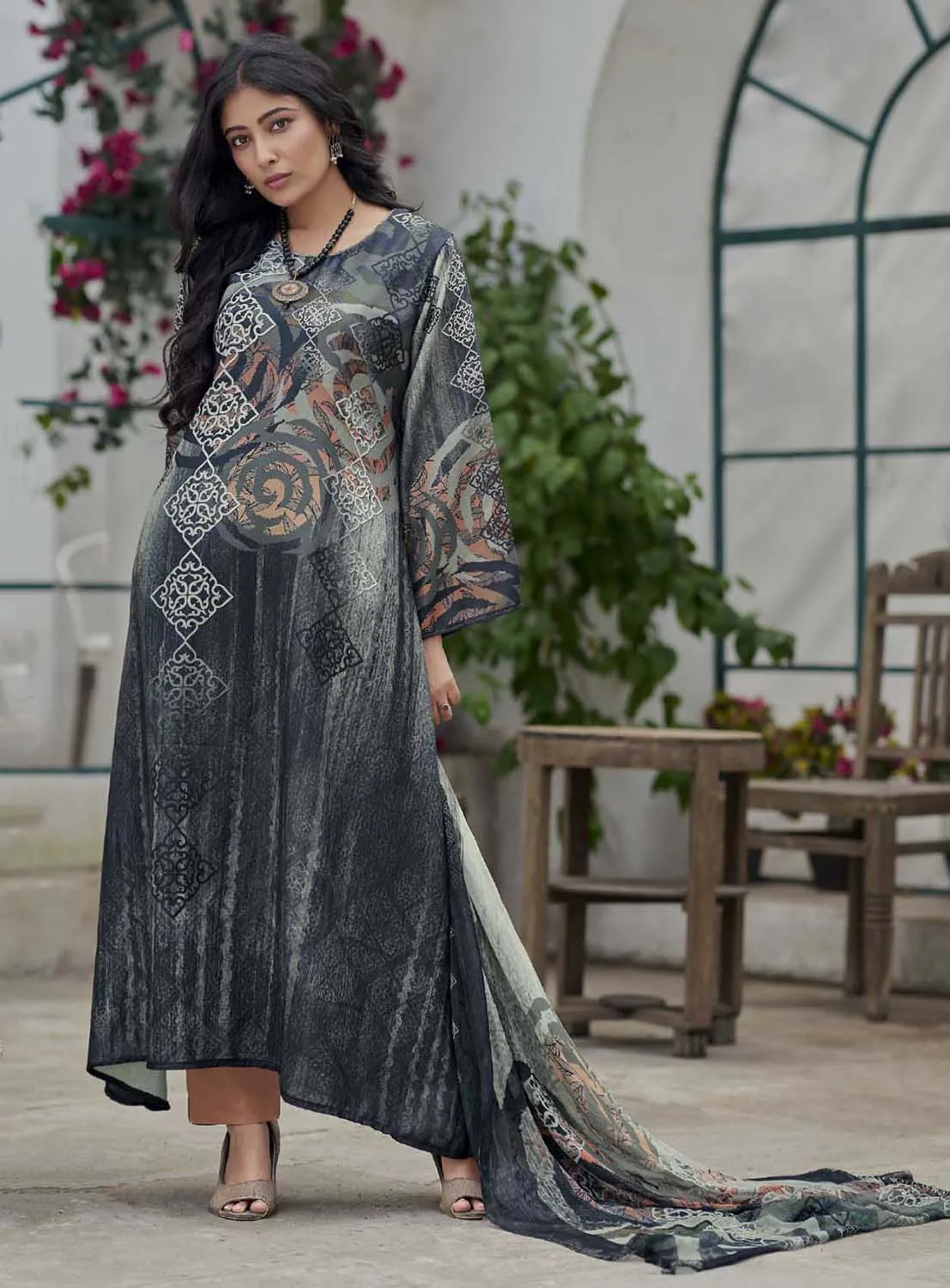 AQSA Woolen Pashmina Black Winter Suit Material for Ladies