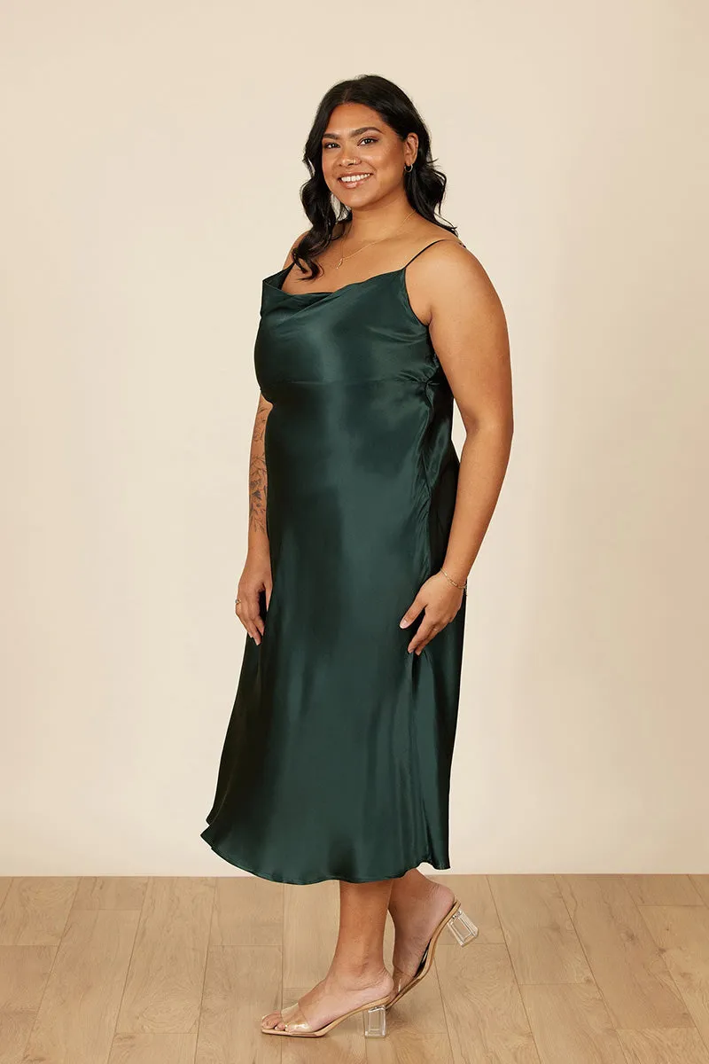 B4088 - Spaghetti Straps Ruched Sheath Satin Midi Bridesmaid Dress