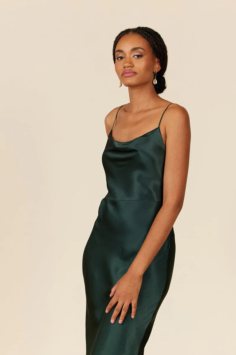 B4088 - Spaghetti Straps Ruched Sheath Satin Midi Bridesmaid Dress