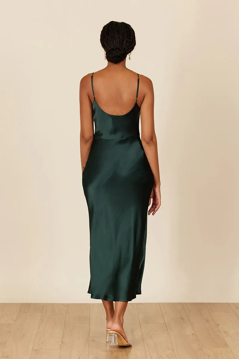 B4088 - Spaghetti Straps Ruched Sheath Satin Midi Bridesmaid Dress