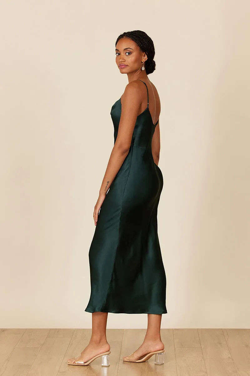 B4088 - Spaghetti Straps Ruched Sheath Satin Midi Bridesmaid Dress