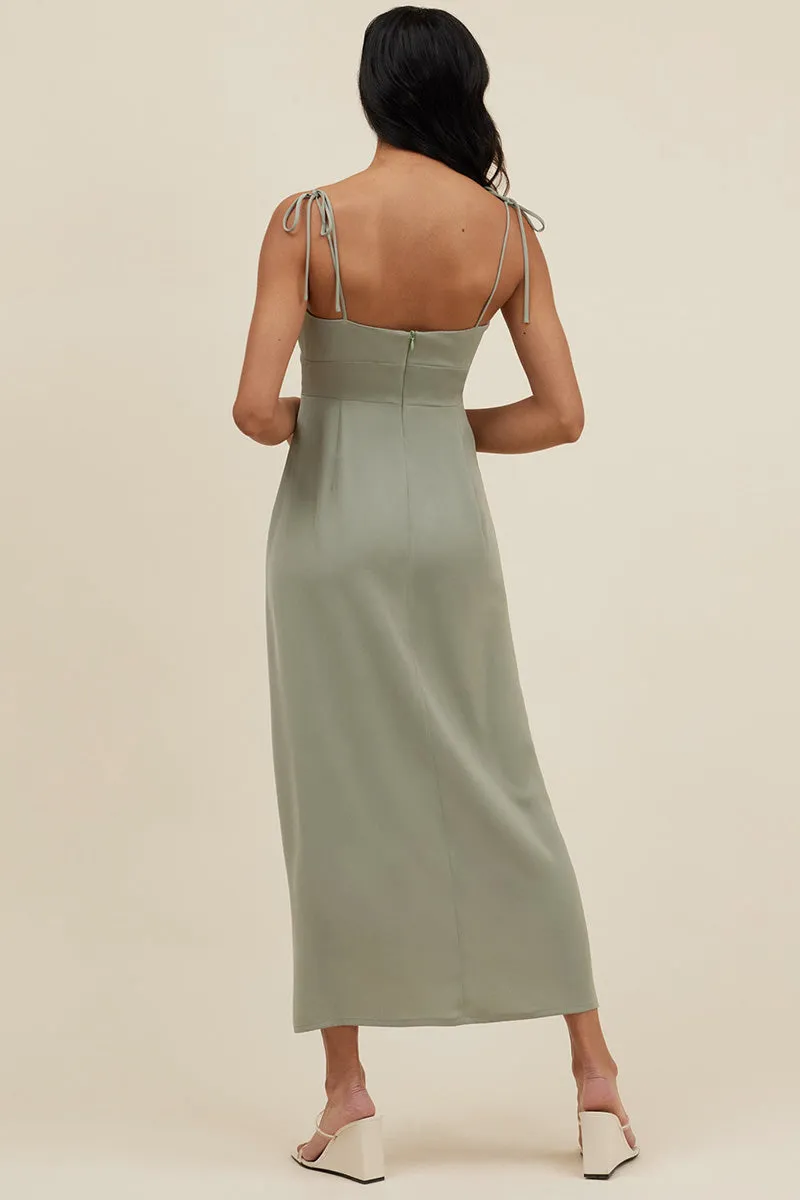 B4090 - Spaghetti Straps Ruched Satin Midi Bridesmaid Dress With Slit