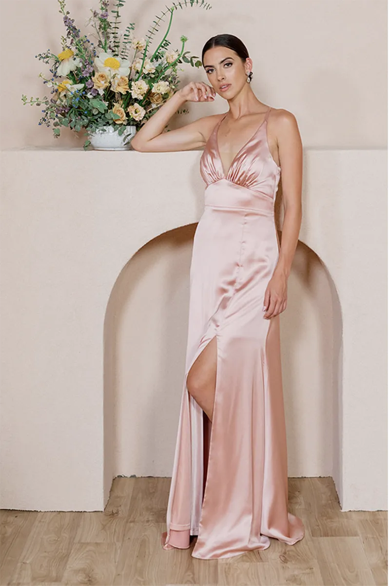 B4144 - V-Neck Spaghetti Straps Ruched Satin Sheath Long Bridesmaid Dress