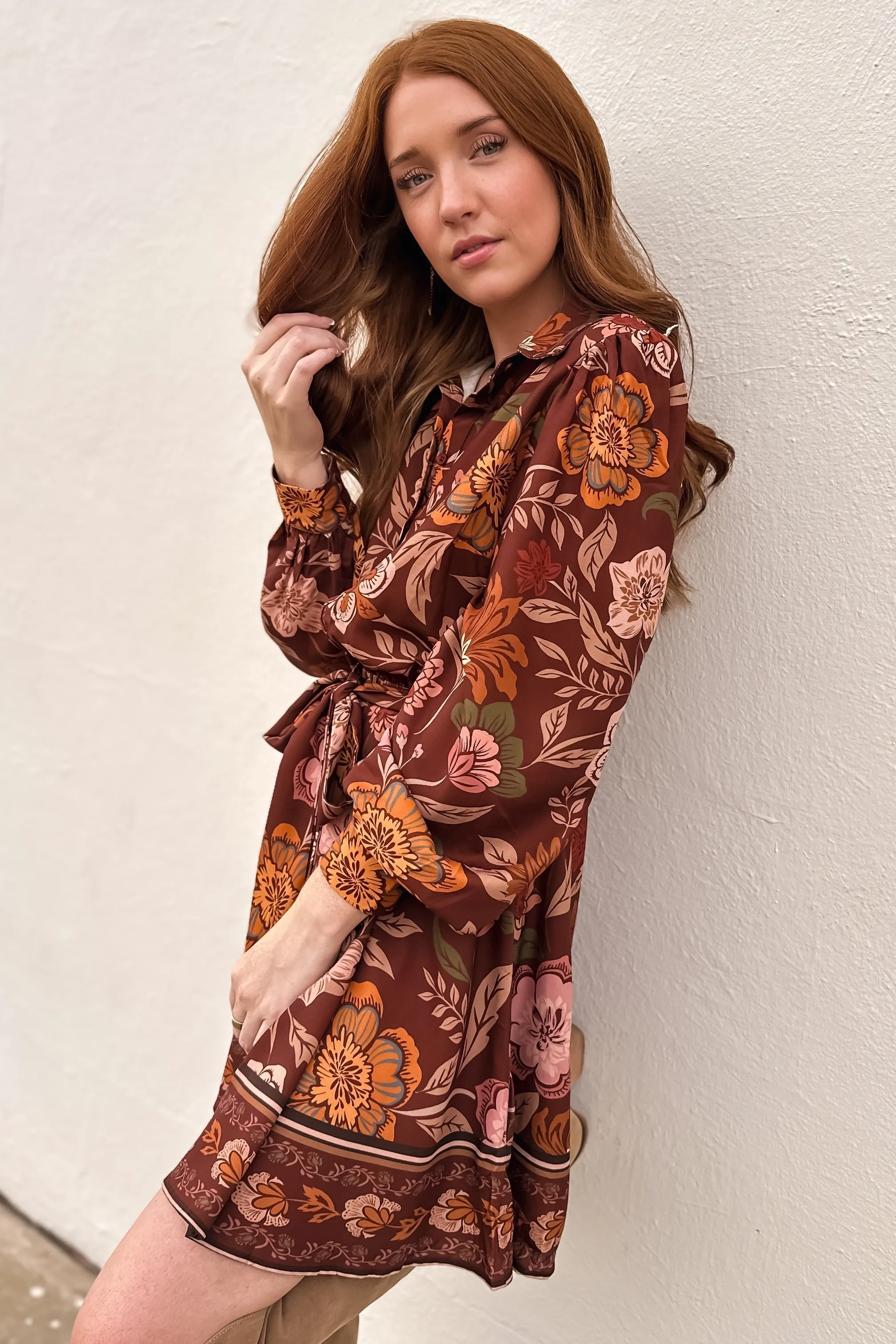 Brown Floral Printed Mini Dress