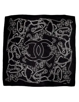 Chanel Vintage Black and White CC Logo Chain Pearl Jewelry Print Oversized Cashmere Scarf