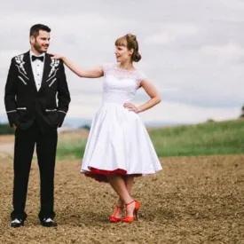 Country Style Cap Sleeves Polka Dot Tea Length 50s Style Wedding Dress,20110639