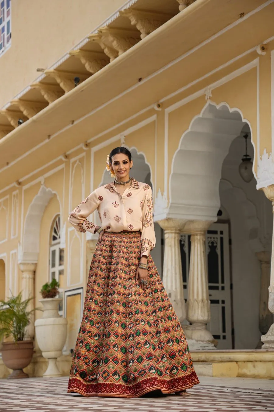 Cream Patola Printed Skirt with Shirt