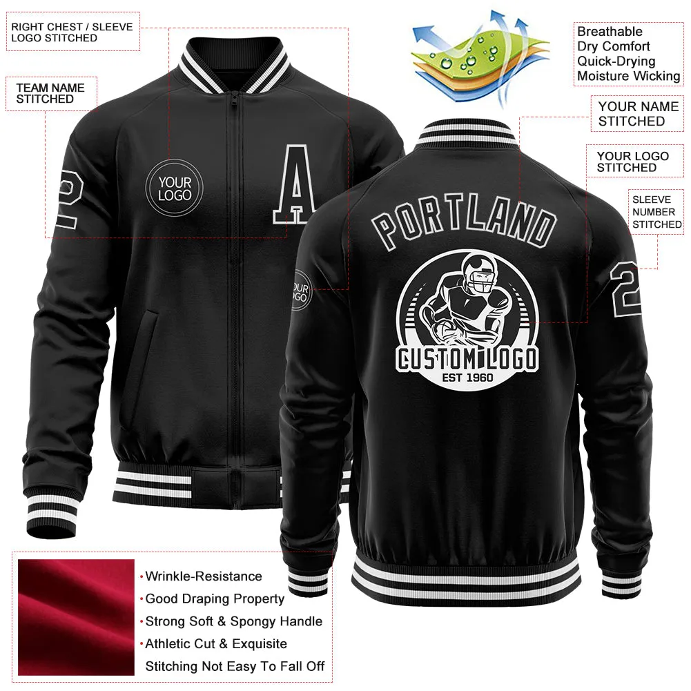 Custom Black White Bomber Varsity Letterman Zipper Jacket