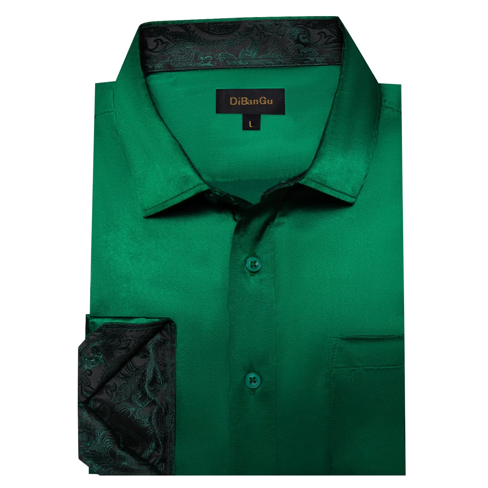 DiBanGu Tuxedo Shirt Deep Green Solid Satin Silk Button Up Long Sleeve Men's Dress Shirt