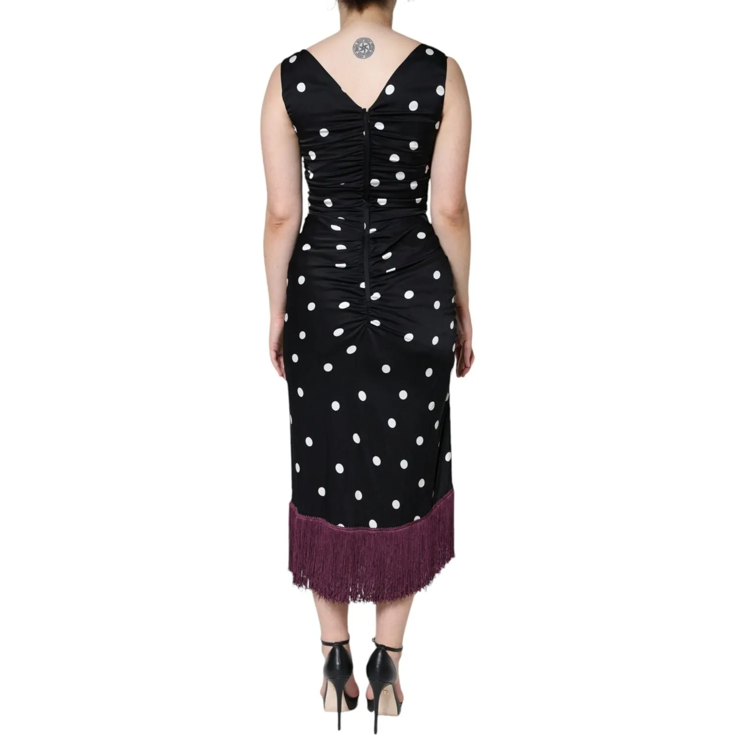 Dolce & Gabbana Black Silk Polka Dot Vneck Tassel Midi Dress