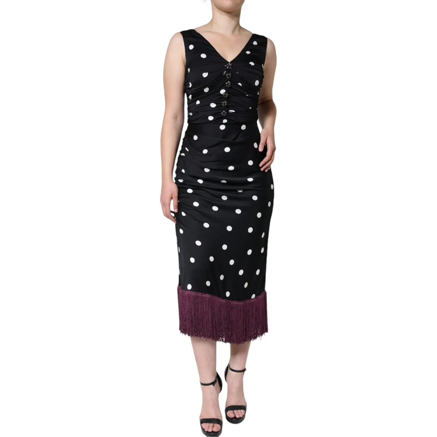 Dolce & Gabbana Black Silk Polka Dot Vneck Tassel Midi Dress