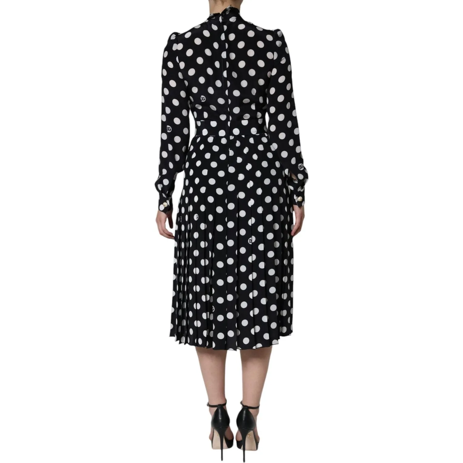 Dolce & Gabbana Black White Polka Dot Ascot Collar Midi Dress