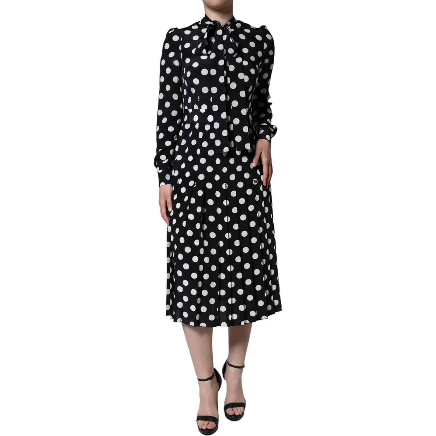 Dolce & Gabbana Black White Polka Dot Ascot Collar Midi Dress