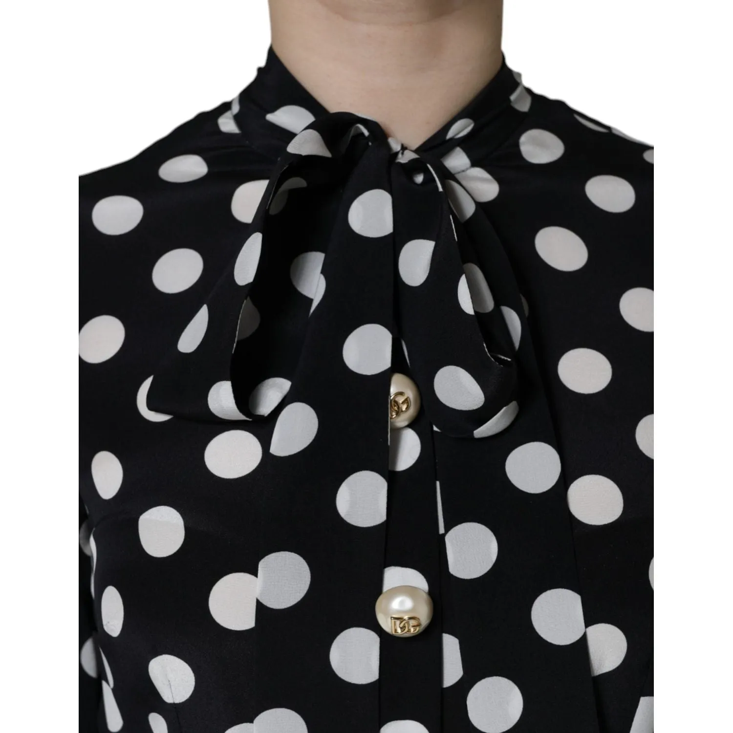 Dolce & Gabbana Black White Polka Dot Ascot Collar Midi Dress