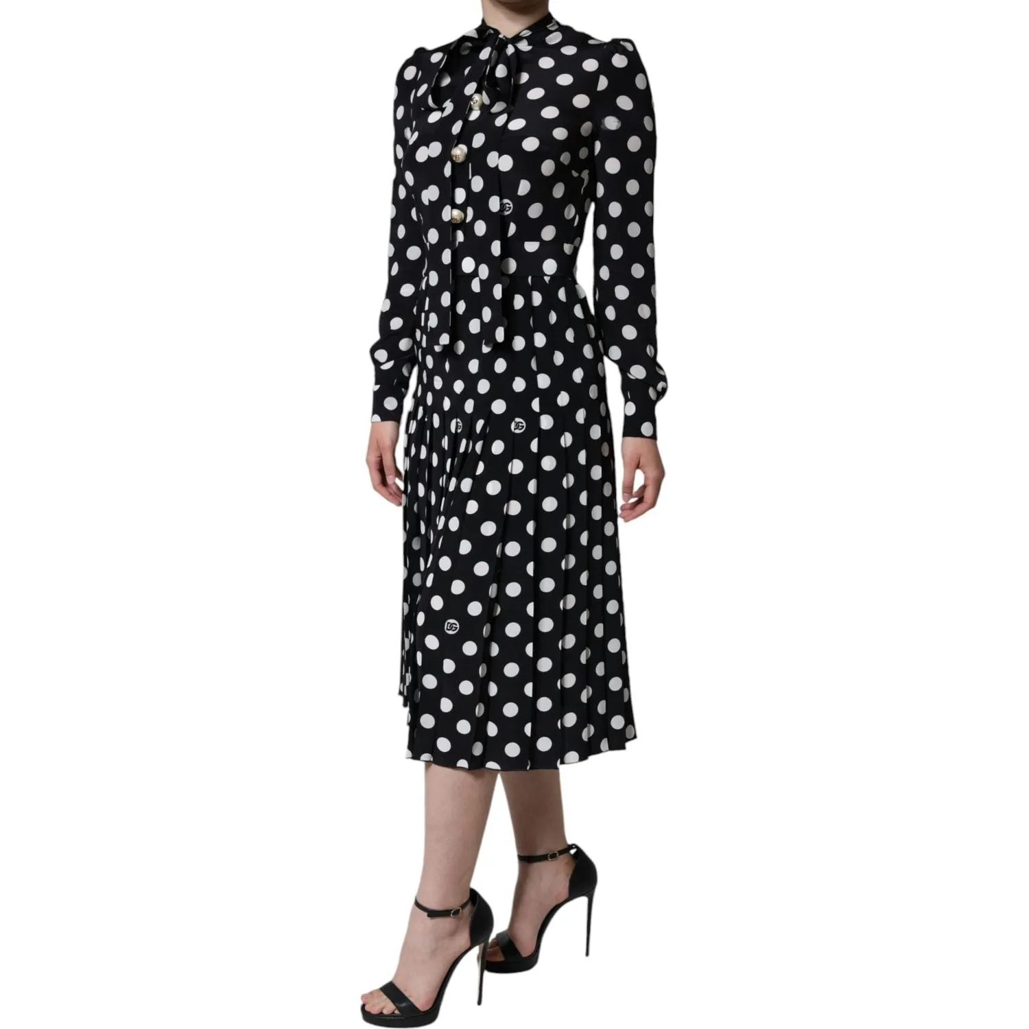 Dolce & Gabbana Black White Polka Dot Ascot Collar Midi Dress