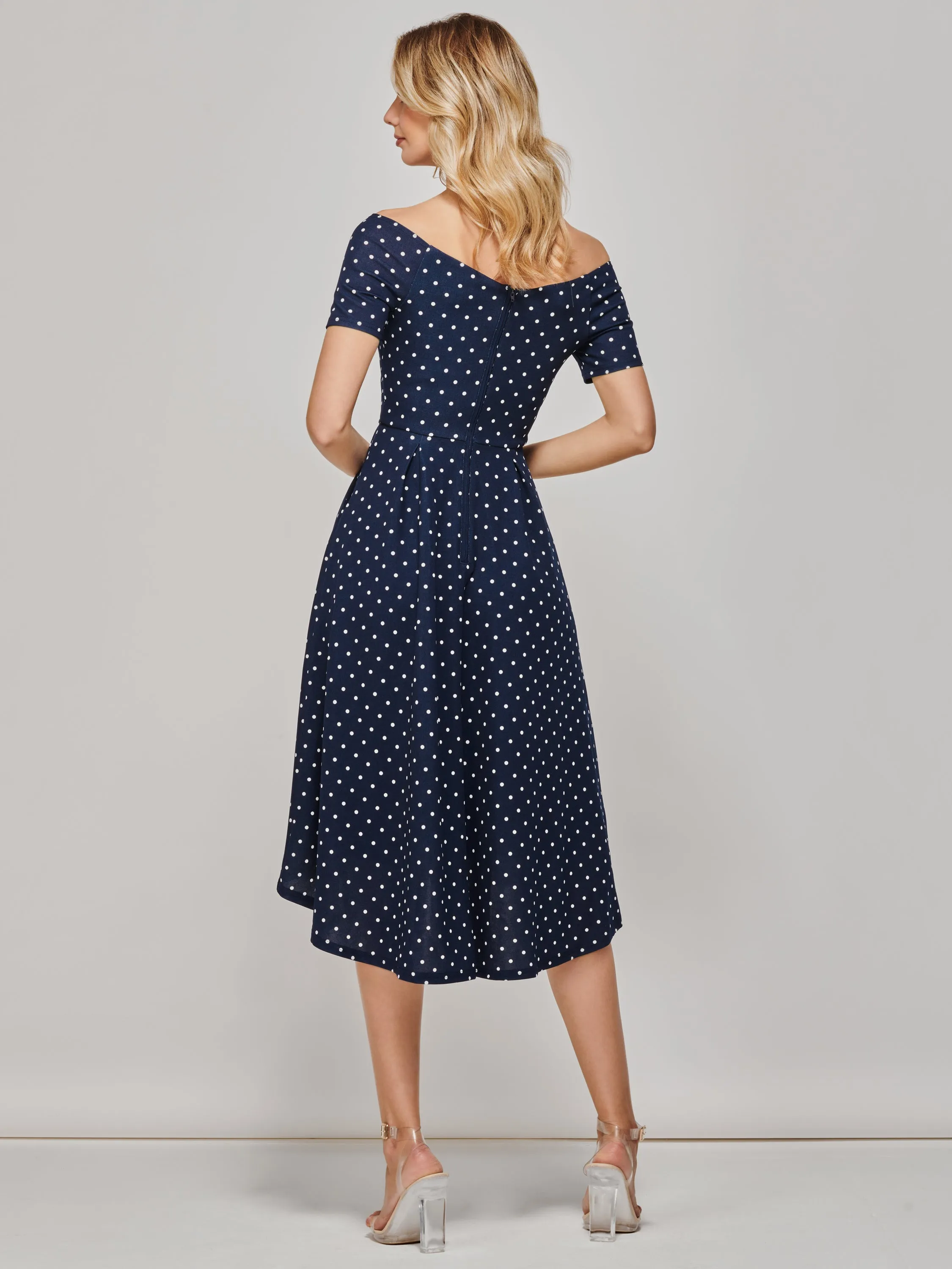 Fit & Flare Pleated Ponte Midi Dress, Navy Spot