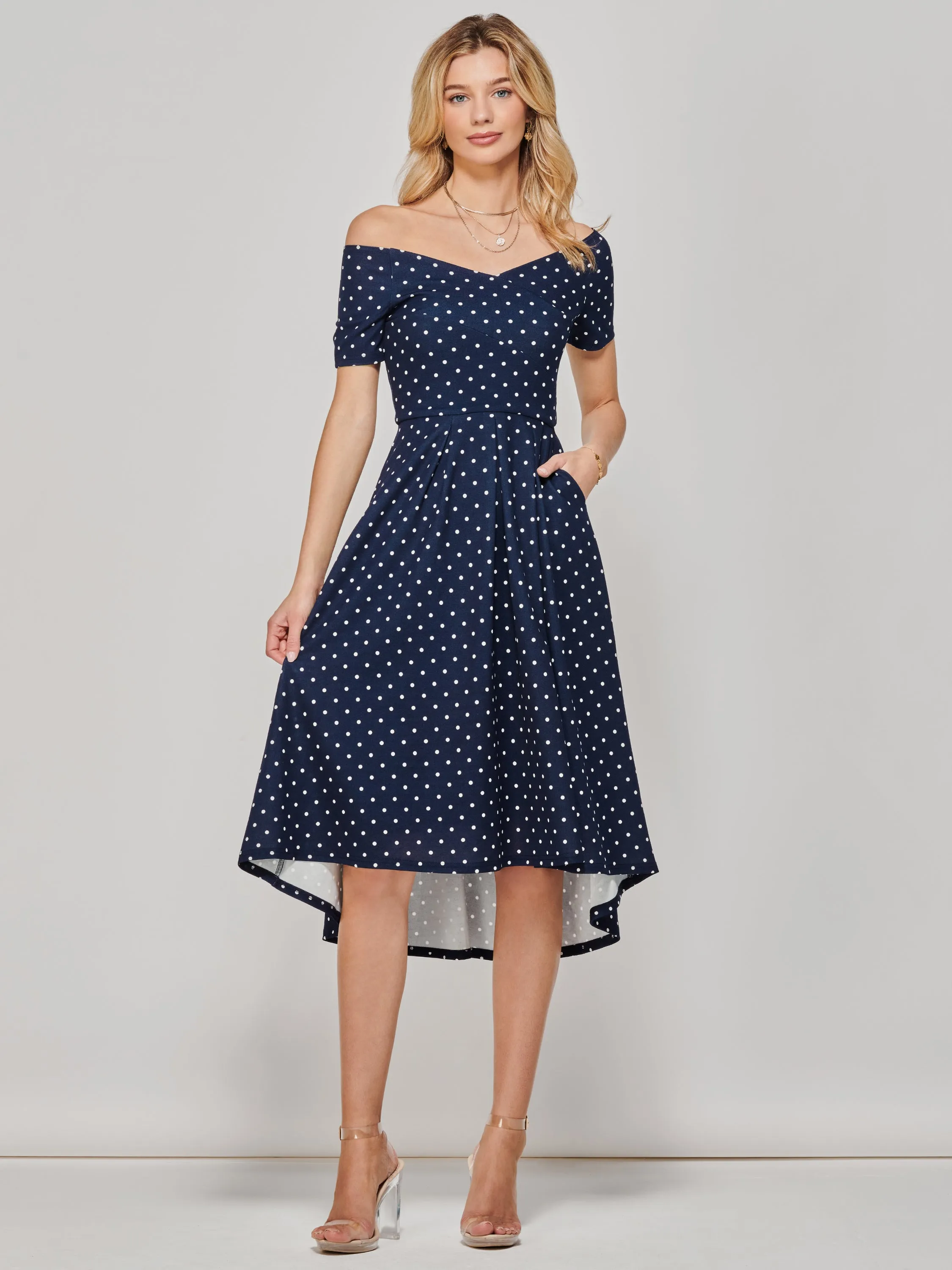 Fit & Flare Pleated Ponte Midi Dress, Navy Spot