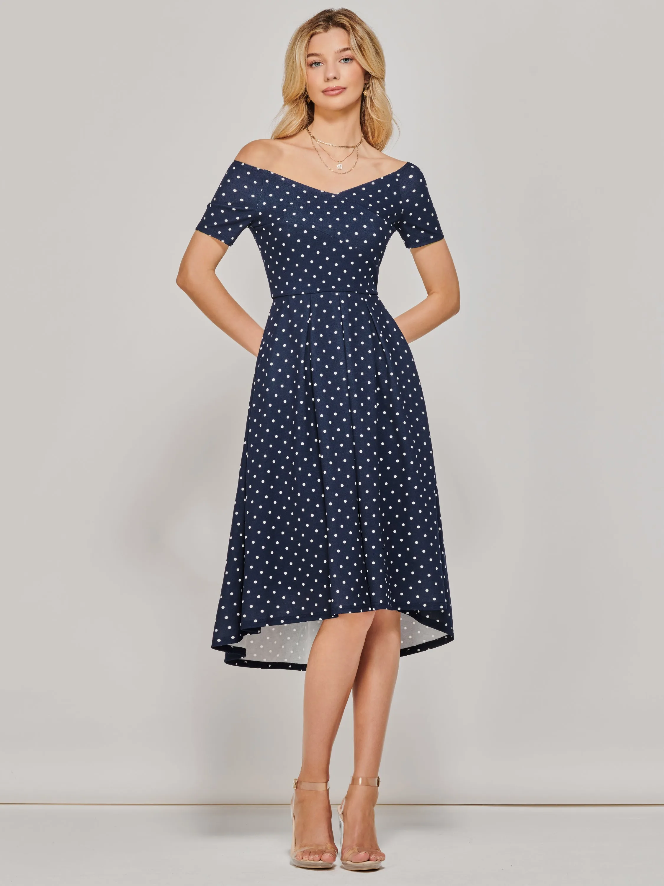 Fit & Flare Pleated Ponte Midi Dress, Navy Spot