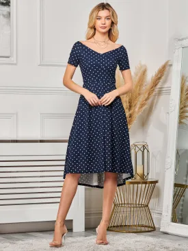 Fit & Flare Pleated Ponte Midi Dress, Navy Spot