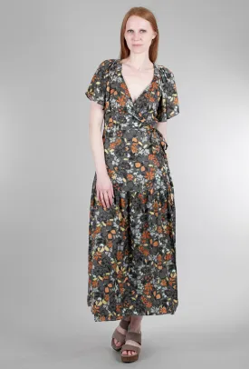 Floral-Print Wrap Dress, Slate