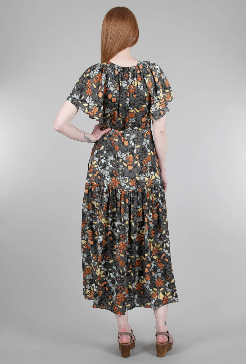 Floral-Print Wrap Dress, Slate