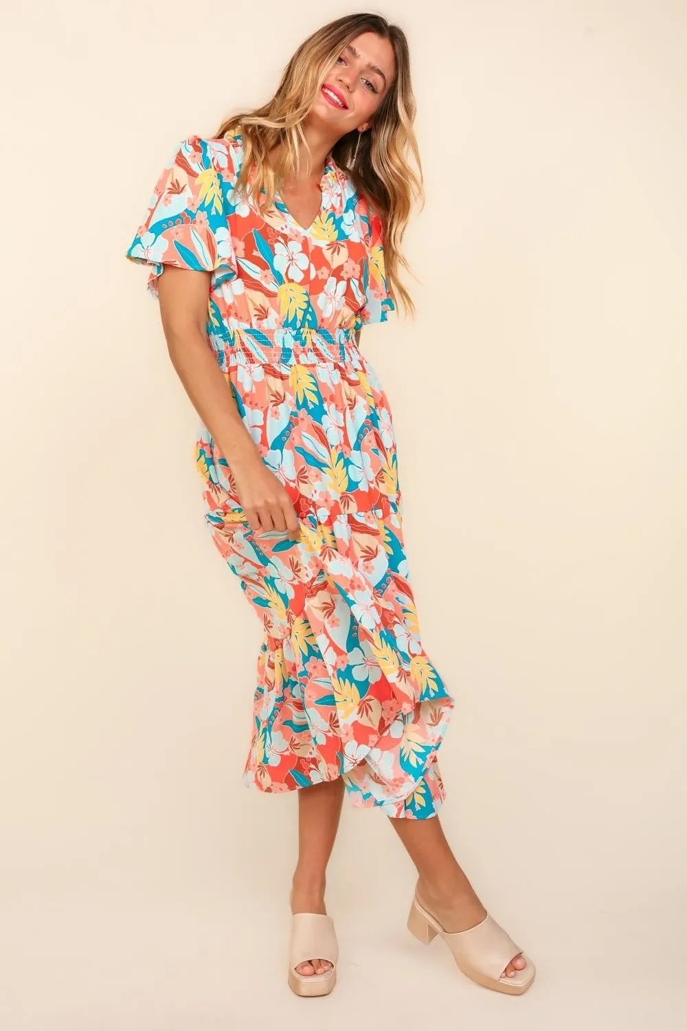 Full Size Tropical Floral Tiered Dress with Side Pockets