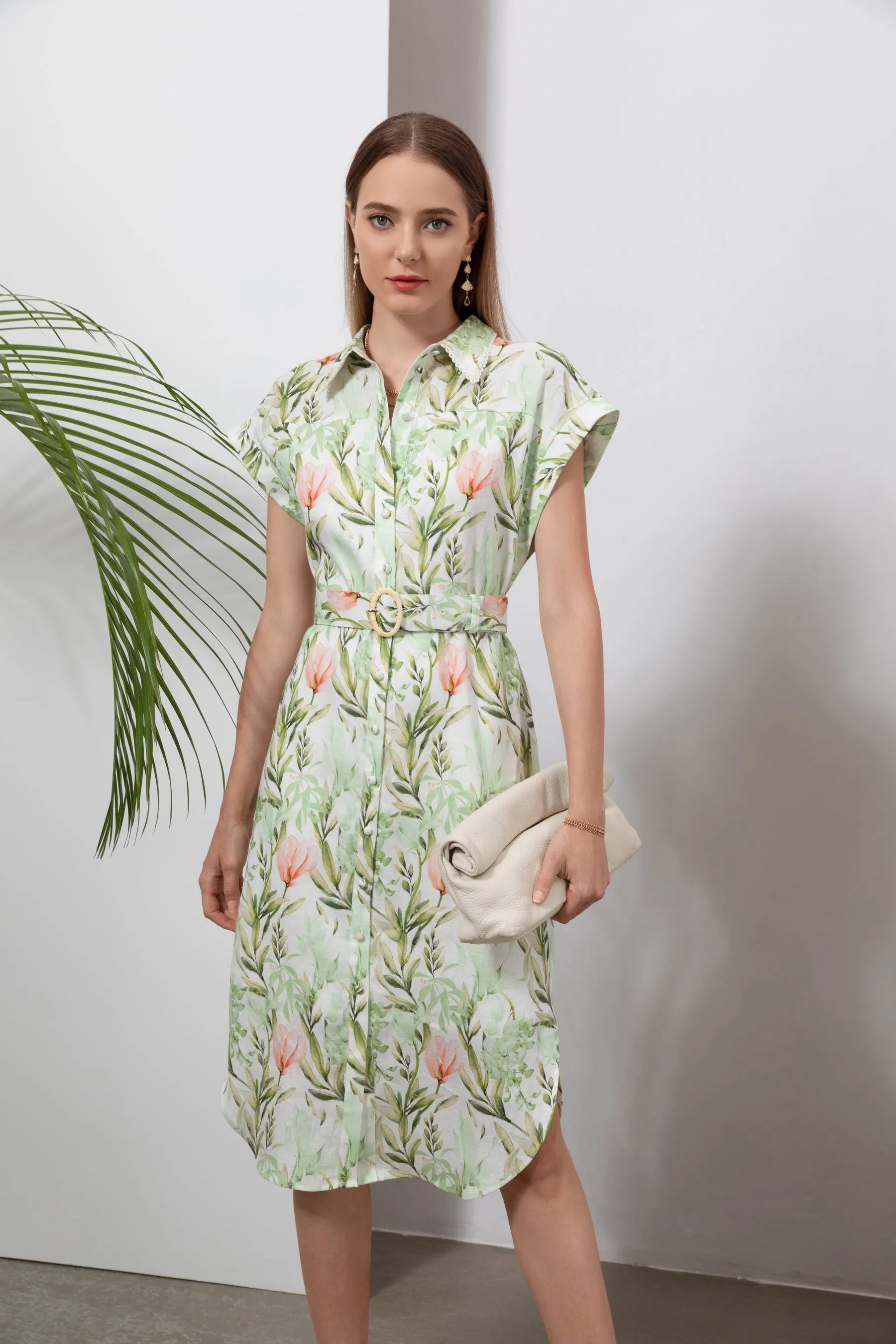 GDS Desiree Floral Linen Long Dress | Green