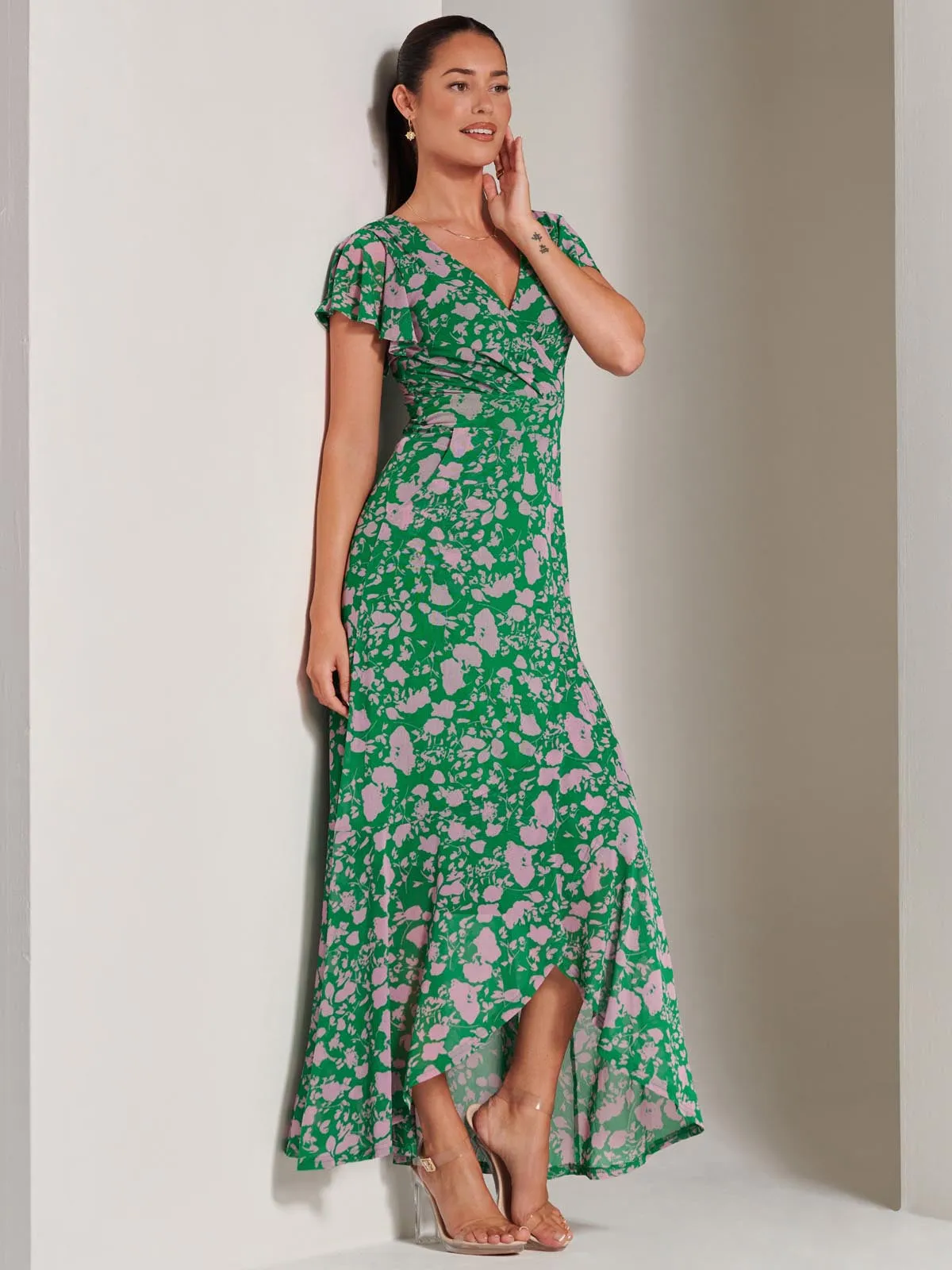 Gisselle Ruffle Hem Mesh Maxi Dress, Green Floral