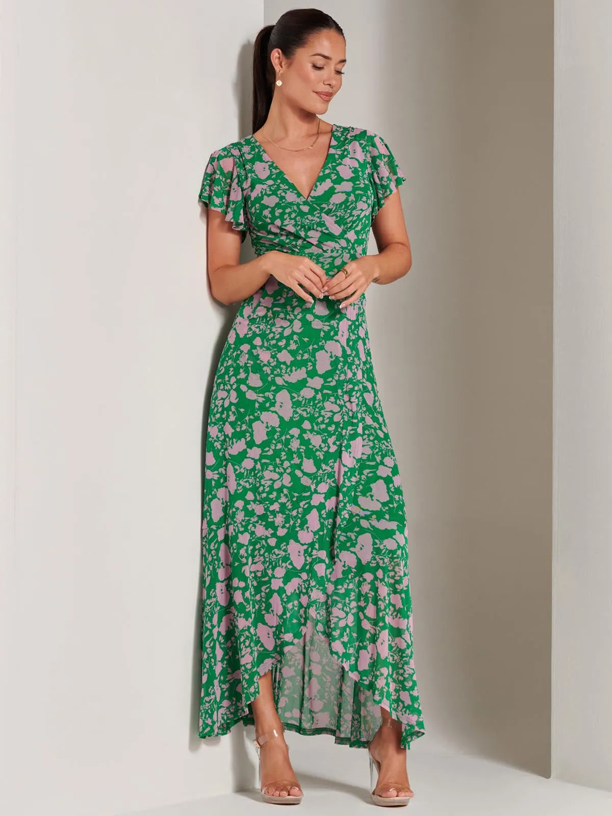 Gisselle Ruffle Hem Mesh Maxi Dress, Green Floral