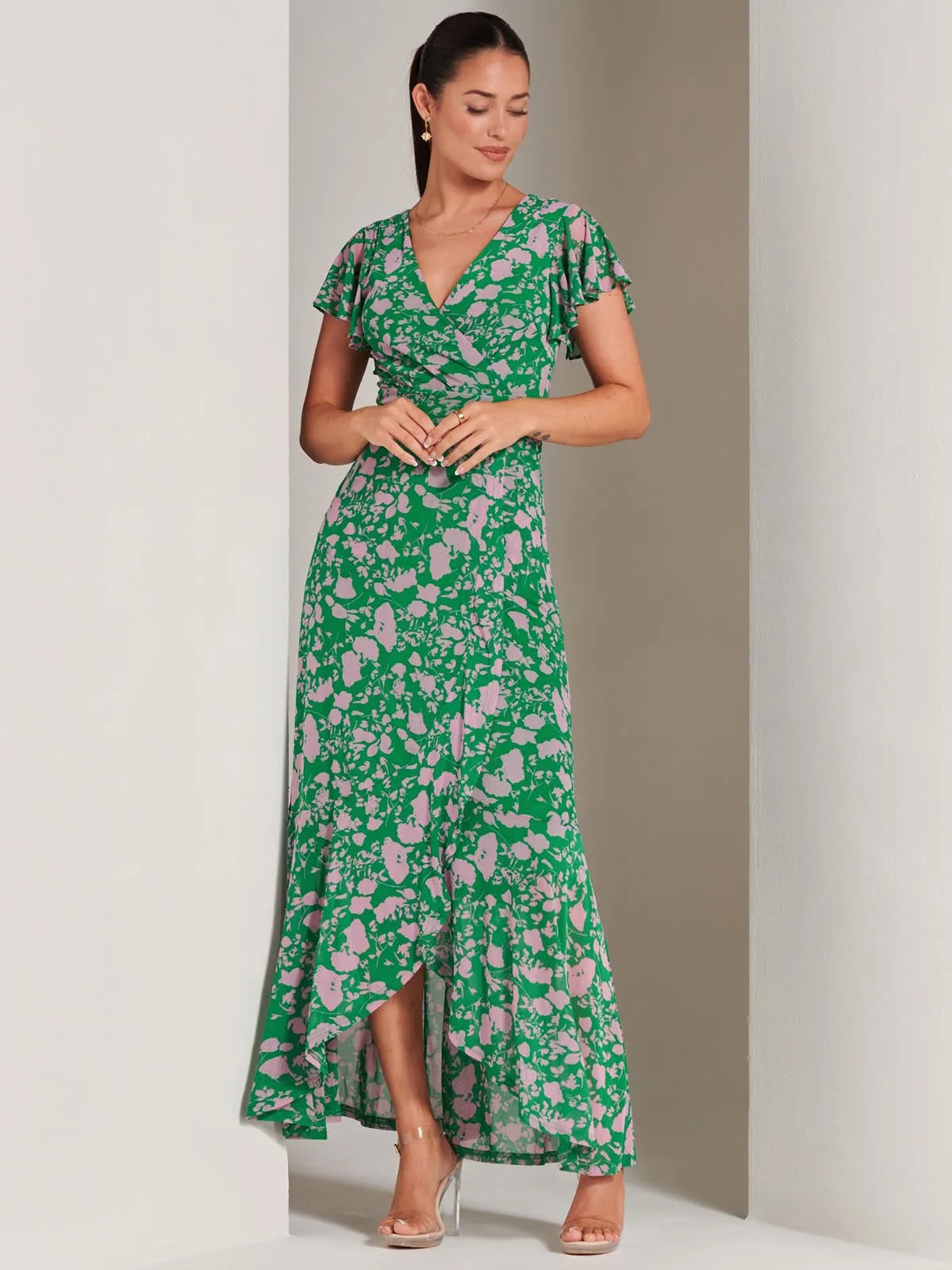 Gisselle Ruffle Hem Mesh Maxi Dress, Green Floral