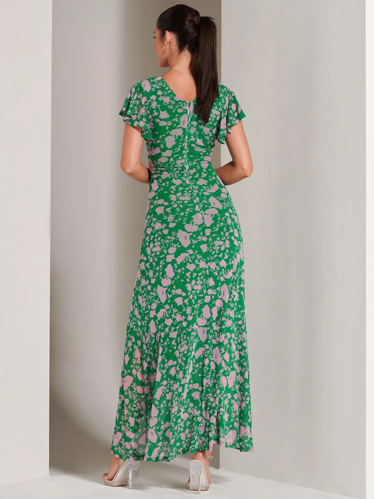 Gisselle Ruffle Hem Mesh Maxi Dress, Green Floral