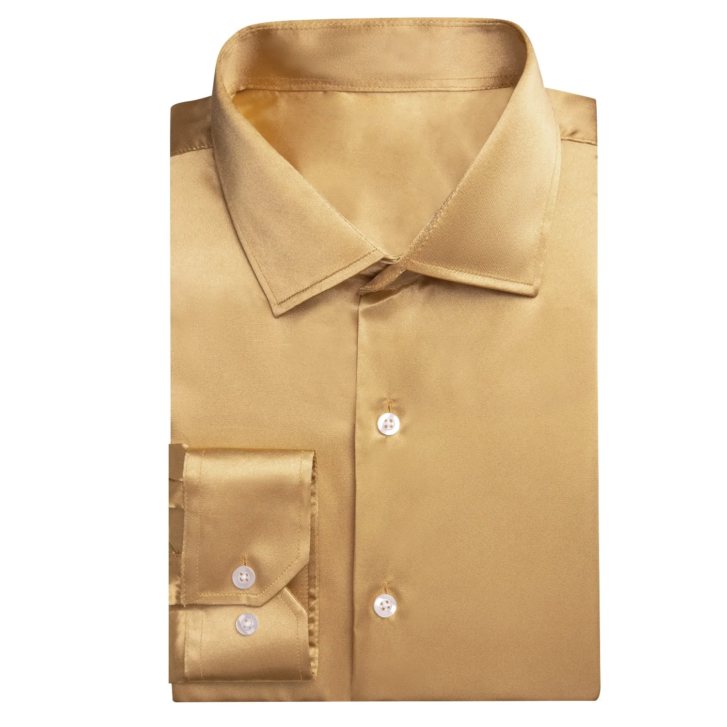 Gold Solid Satin Silk Men's Long Sleeve Dress Shirt