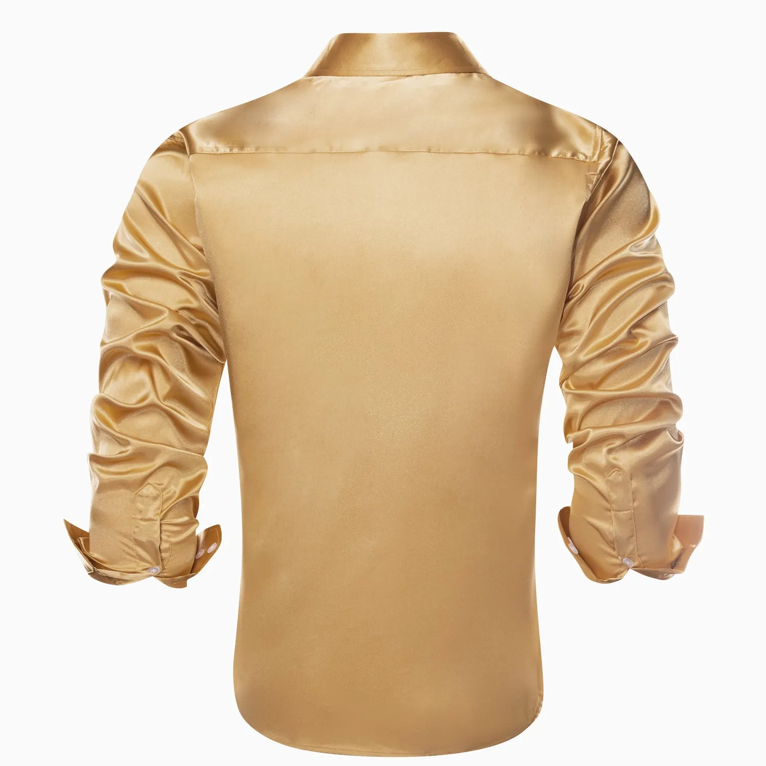 Gold Solid Satin Silk Men's Long Sleeve Dress Shirt