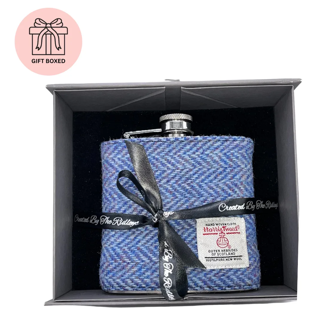 HERRINGBONE BLUE HARRIS TWEED HIP FLASK