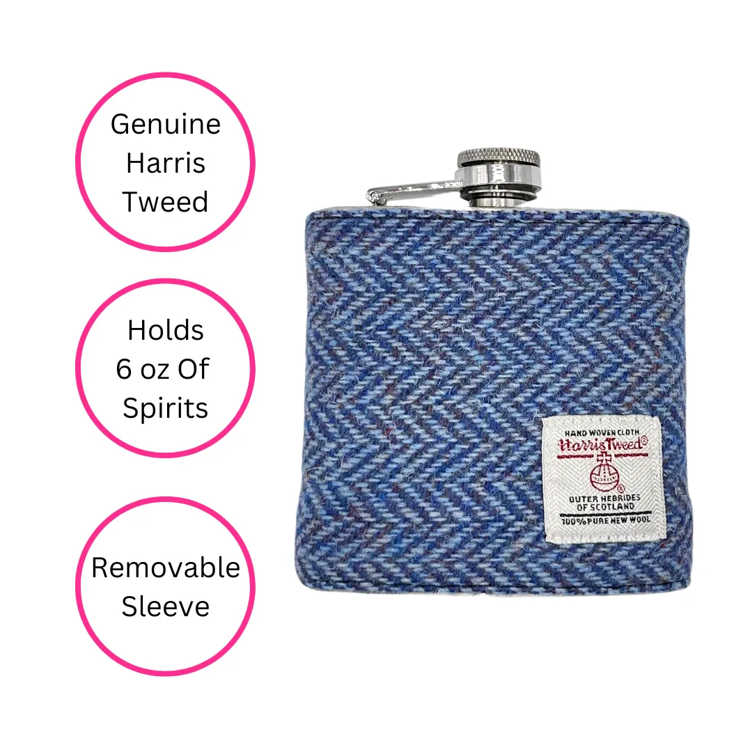 HERRINGBONE BLUE HARRIS TWEED HIP FLASK