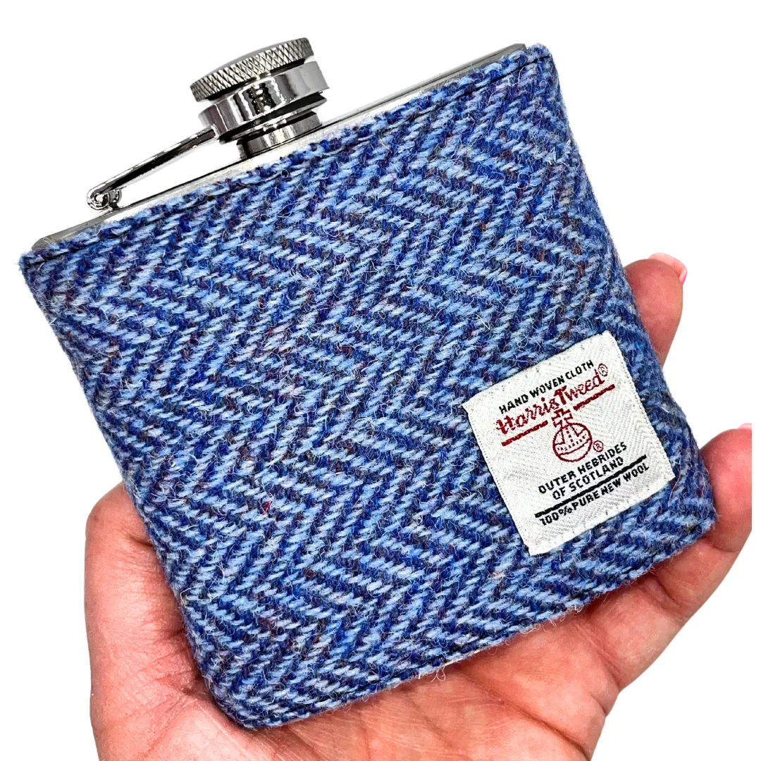 HERRINGBONE BLUE HARRIS TWEED HIP FLASK