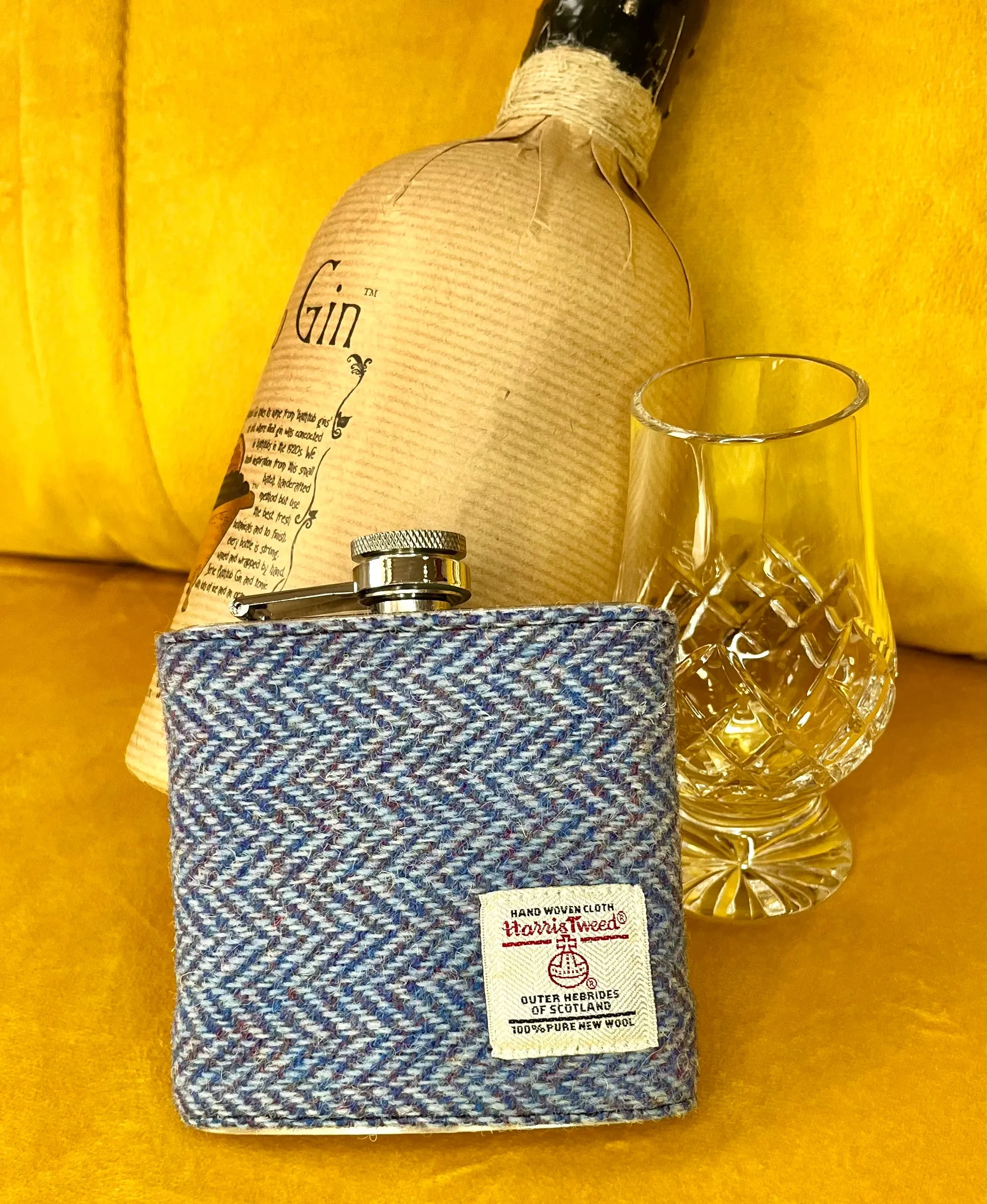 HERRINGBONE BLUE HARRIS TWEED HIP FLASK