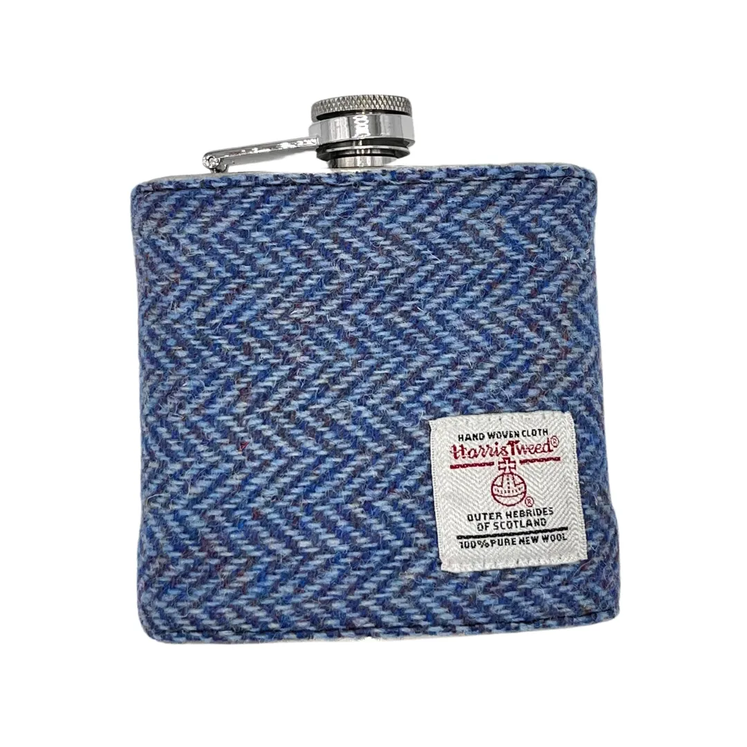 HERRINGBONE BLUE HARRIS TWEED HIP FLASK