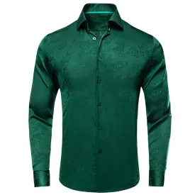 Hi-Tie Dark Green Satin Shirt Emerald Green Floral Silk Men's Shirt