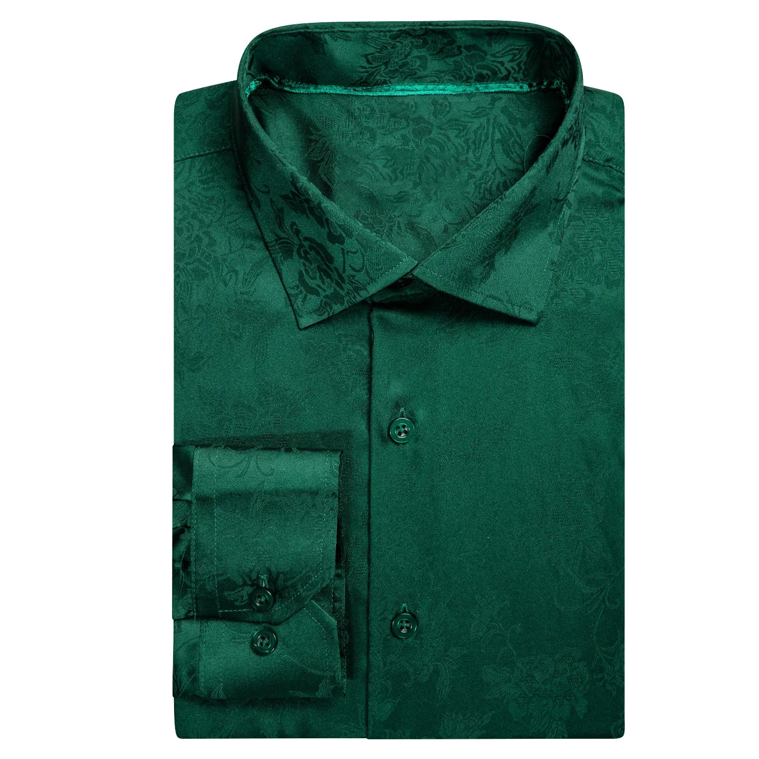 Hi-Tie Dark Green Satin Shirt Emerald Green Floral Silk Men's Shirt