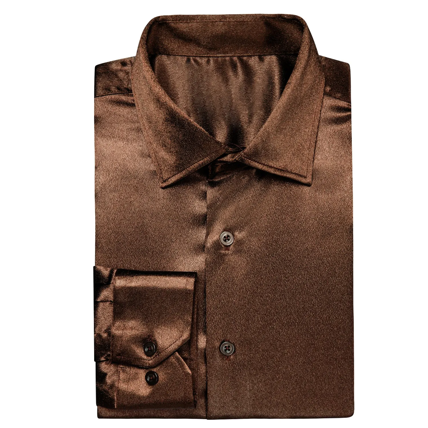 Hi-Tie Men's Top Dark Brown Satin Silk Men's Long Sleeve Dress Shirt