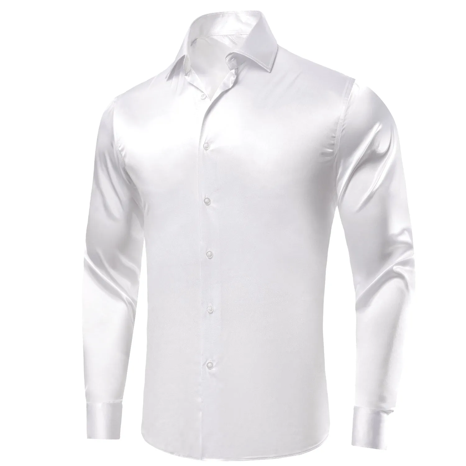 Hi-Tie White Dress Shirt Solid Satin Men's Long Sleeve Dress Shirt