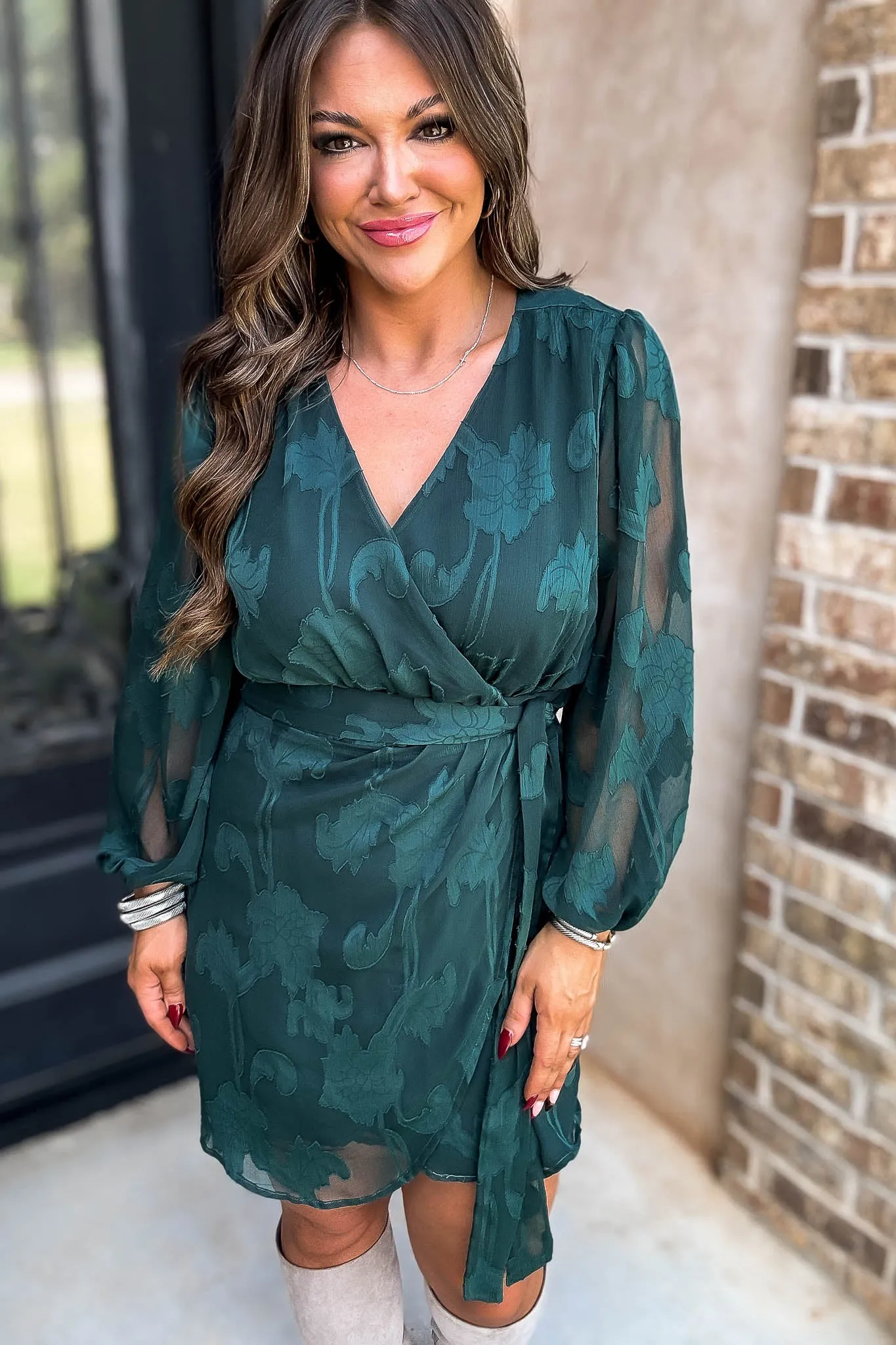 Hunter Green 3/4 Balloon Sleeve Wrap Dress