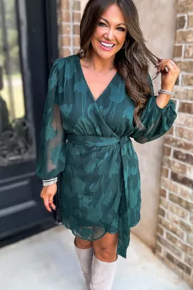 Hunter Green 3/4 Balloon Sleeve Wrap Dress