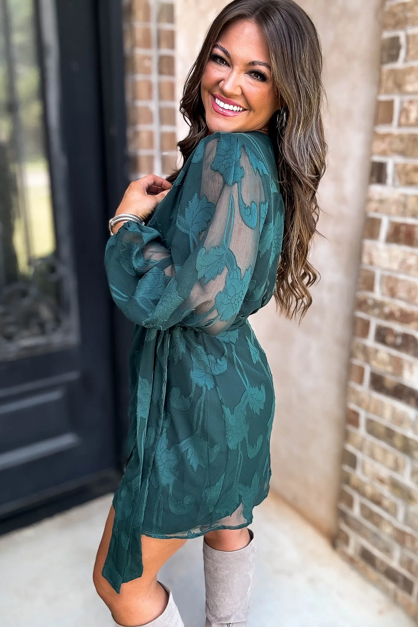 Hunter Green 3/4 Balloon Sleeve Wrap Dress