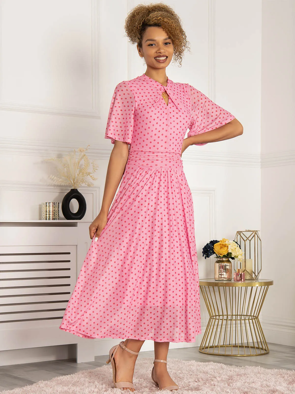 Jolie Moi Danika Keyhole Neck Mesh Dress, Pink Polka