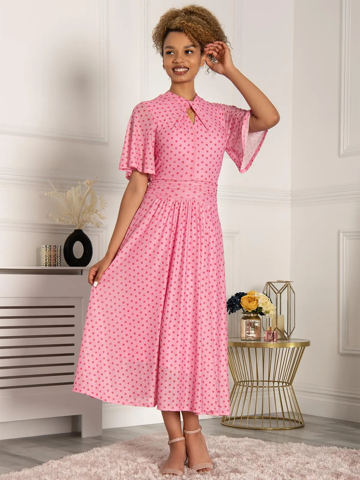 Jolie Moi Danika Keyhole Neck Mesh Dress, Pink Polka