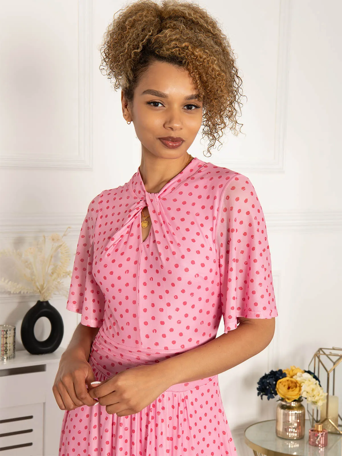 Jolie Moi Danika Keyhole Neck Mesh Dress, Pink Polka