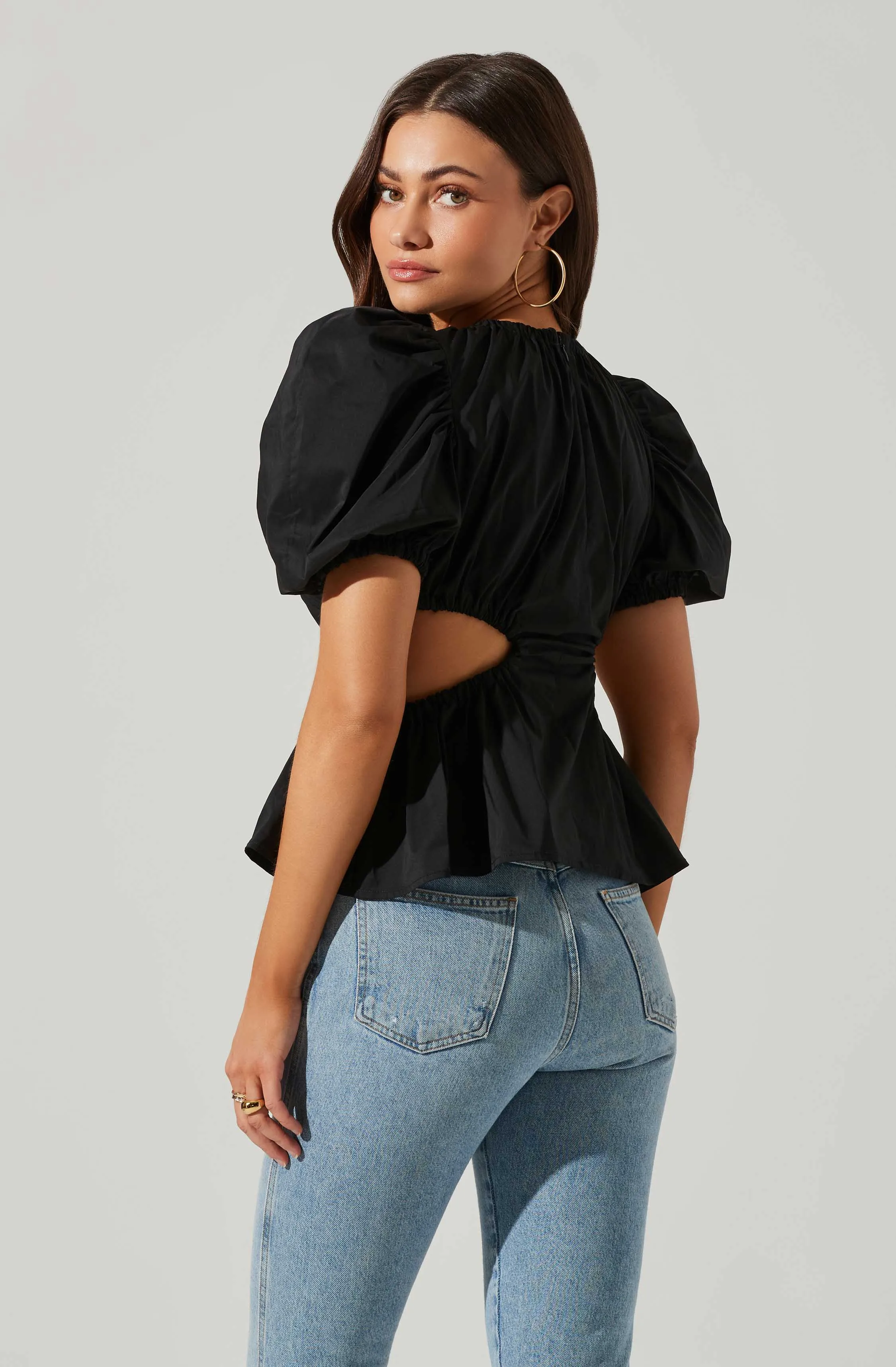 Juno Side Cutout Puff Sleeve Peplum Top